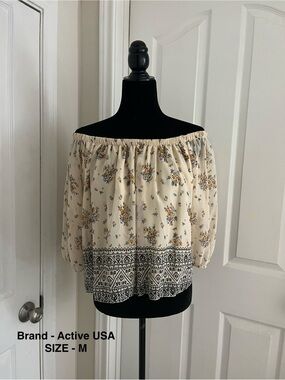 Active USA Cream Floral Off-The-Shoulder Peasant Top with Black Border